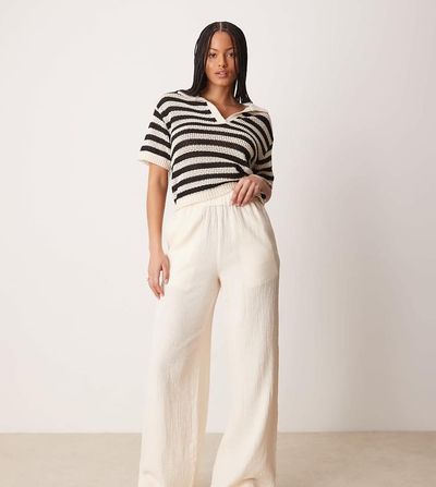 ASOS Tall ASOS DESIGN Tall cheesecloth pull on pants with raw edge in buttermilk-White