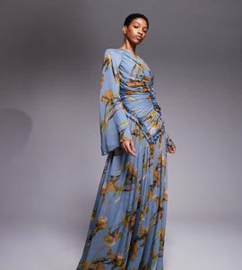 ASOS Tall ASOS DESIGN Tall crinkle chiffon gathered maxi dress with micro ruffles in blue floral print-Multi