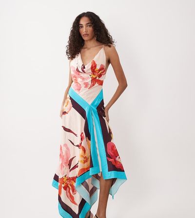 ASOS Tall ASOS DESIGN Tall deep cowl asymmetric open back maxi dress in scarf print-Multi