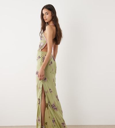 ASOS Tall ASOS DESIGN Tall ditsy embellished bias semi sheer chiffon maxi dress with open back in multi