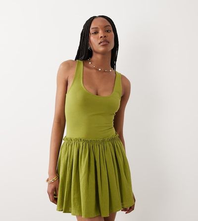 ASOS Tall ASOS DESIGN Tall dropped waist mini dress with crinkle cotton skirt in olive-Green
