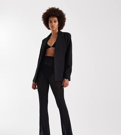 ASOS Tall ASOS DESIGN Tall embellished mesh flared pants-Black