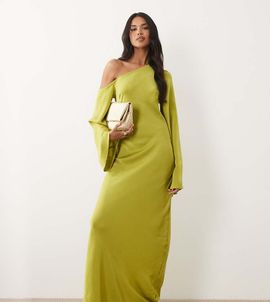 ASOS Tall ASOS DESIGN Tall fallen shoulder long sleeve column maxi dress in light olive-Green
