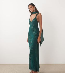 ASOS Tall ASOS DESIGN Tall floral embellished cami maxi dress with scarf in dark green
