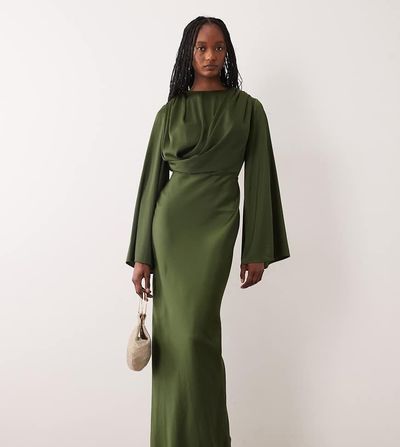 ASOS Tall ASOS DESIGN Tall fluted sleeve draped maxi dress in khaki-Green