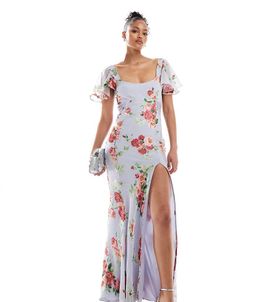 ASOS Tall ASOS DESIGN Tall flutter sleeve maxi dress with lace insert in blue burnout floral print-Multi
