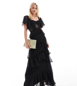 ASOS Tall ASOS DESIGN Tall flutter sleeve tiered midi dress with lace insert in black