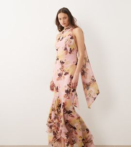 ASOS Tall ASOS DESIGN Tall halter maxi dress with scarf detail and ruffle hem in floral print-Multi