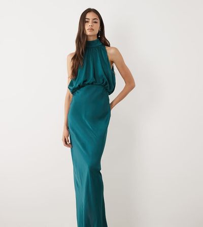 ASOS Tall ASOS DESIGN Tall halterneck blouson satin maxi dress in teal-Blue