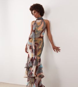 ASOS Tall ASOS DESIGN Tall halterneck scarf detail racer chiffon godet maxi dress in burgundy abstract-Multi