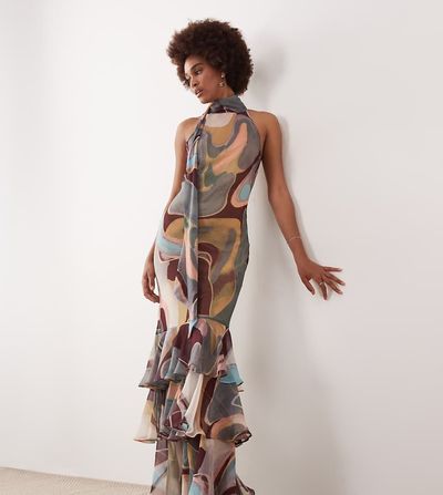 ASOS Tall ASOS DESIGN Tall halterneck scarf detail racer chiffon godet maxi dress in burgundy abstract-Multi