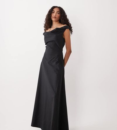 ASOS Tall ASOS DESIGN Tall heavy poplin maxi dress with draped neckline in black