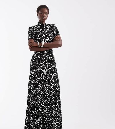 ASOS Tall ASOS DESIGN Tall high neck short sleeve spun maxi dress in mono spot print-MULTI