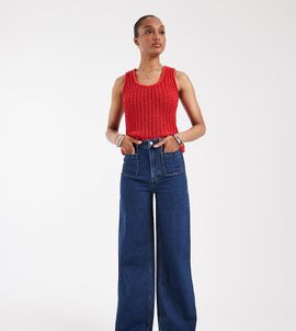 ASOS Tall ASOS DESIGN Tall high waist wide leg jeans with front pockets in dark wash blue-Navy