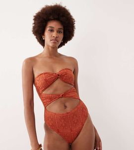 ASOS Tall ASOS DESIGN Tall Kyle broderie Brooke twist front bandeau swimsuit in rust-Orange
