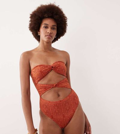 ASOS Tall ASOS DESIGN Tall Kyle broderie Brooke twist front bandeau swimsuit in rust-Orange
