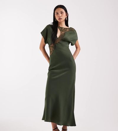 ASOS Tall ASOS DESIGN Tall lace applique grown on sleeve bias cut satin midaxi dress in dark green