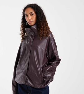 ASOS Tall ASOS DESIGN Tall leather look funnel track bomber jacket in chocolate plum-Brown
