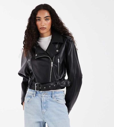 ASOS Tall ASOS DESIGN Tall leather look shrunken biker jacket in black