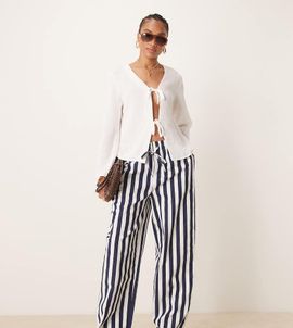 ASOS Tall ASOS DESIGN Tall linen look pull on pants in navy stripes-Multi