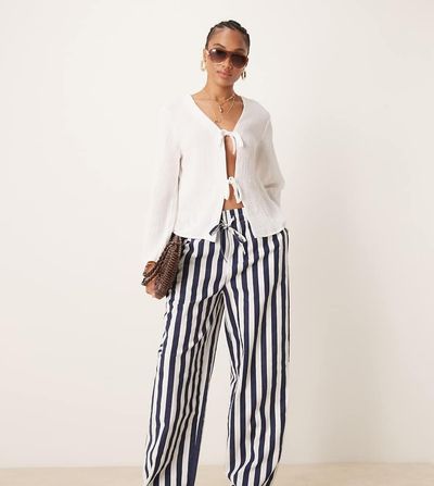 ASOS Tall ASOS DESIGN Tall linen look pull on pants in navy stripes-Multi