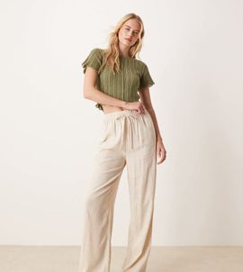 ASOS Tall ASOS DESIGN Tall linen mix pull on pants in stone-Neutral