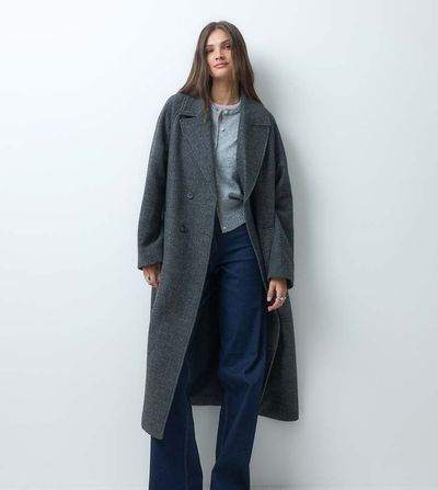 ASOS Tall ASOS DESIGN Tall longline double breasted brushed coat in herringbone-Black