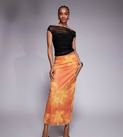 ASOS Tall ASOS DESIGN Tall mesh midi skirt in oversized floral print-Multi