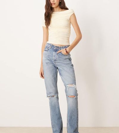 ASOS Tall ASOS DESIGN Tall mid rise straight jeans in lightwash with rips Circular Design Collection-Blue