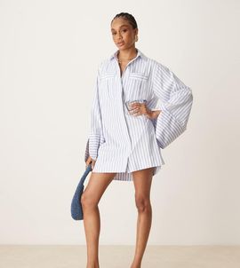 ASOS Tall ASOS DESIGN Tall mini shirt dress with wide cuffs and oversized pockets in blue stripes-Multi