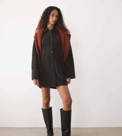ASOS Tall ASOS DESIGN Tall oversized cord shirt mini dress in washed black