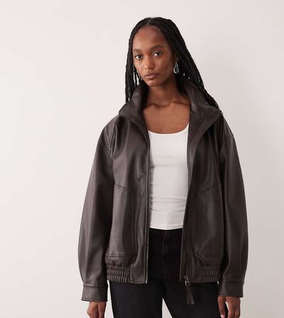 ASOS Tall ASOS DESIGN Tall oversized leather look funnel bomber jacket in chocolate-Brown