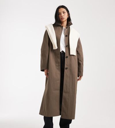 ASOS Tall ASOS DESIGN Tall pleat detail longline trench coat in mushroom-Brown
