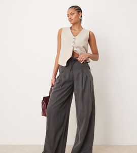 ASOS Tall ASOS DESIGN Tall pleated wide leg pants with tie in gray