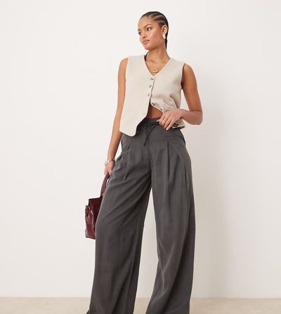 ASOS Tall ASOS DESIGN Tall pleated wide leg pants with tie in gray