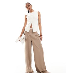 ASOS Tall ASOS DESIGN Tall raw edge trim wide leg pants in camel-pink