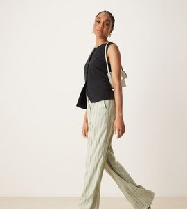 ASOS Tall ASOS DESIGN Tall relaxed straight leg linen blend pants in sage squiggle stripes-Green