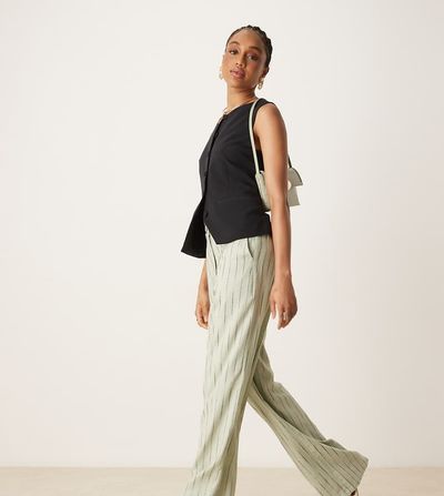 ASOS Tall ASOS DESIGN Tall relaxed straight leg linen blend pants in sage squiggle stripes-Green