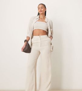 ASOS Tall ASOS DESIGN Tall relaxed straight leg pants with linen in stone-Neutral