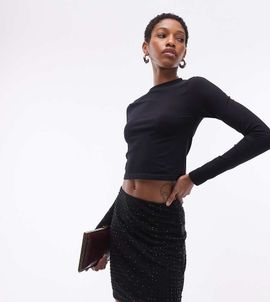 ASOS Tall ASOS DESIGN Tall rhinestone mesh mini skirt in black