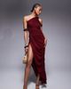 ASOS Tall ASOS DESIGN Tall ruched asymmetric textured midi dress with twisted strappy details in dark cherry - 1