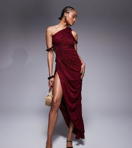 ASOS Tall ASOS DESIGN Tall ruched asymmetric textured midi dress with twisted strappy details in dark cherry