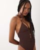ASOS Tall ASOS DESIGN Tall Ruthie plunge cut out swimsuit with resin trim in brown - 3