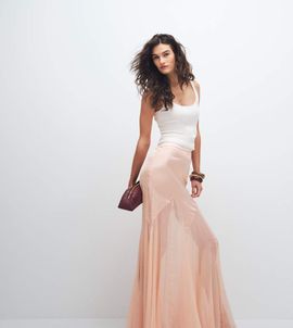 ASOS Tall ASOS DESIGN Tall satin and chiffon mix fishtail skirt in peach-Orange