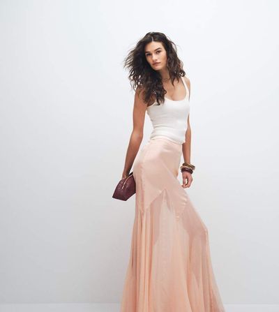 ASOS Tall ASOS DESIGN Tall satin and chiffon mix fishtail skirt in peach-Orange