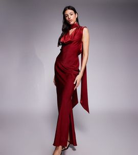 ASOS Tall ASOS DESIGN Tall satin cowl neck midi dress with scarf neck ties and twisted back in burgundy-Red