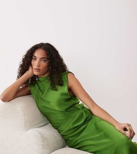 ASOS Tall ASOS DESIGN Tall satin high neck pleated bodice midi dress in green