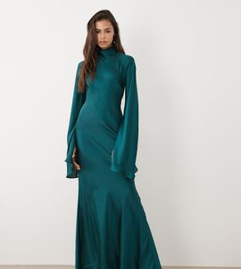 ASOS Tall ASOS DESIGN Tall satin maxi dress with split sleeve and scarf detail in teal-Blue