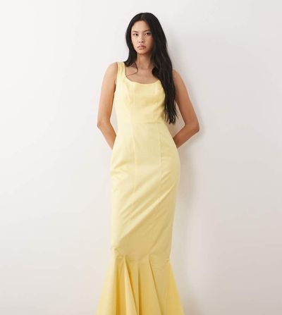 ASOS Tall ASOS DESIGN Tall scoop neck fishtail godet maxi dress in buttermilk yellow-Multi