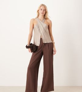 ASOS Tall ASOS DESIGN Tall soft texture wide leg pants with contrast stitch in chocolate-Brown